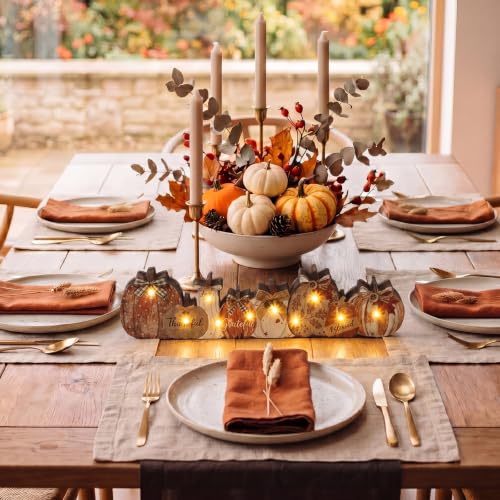 Yousoontic Fall Table Decorations, Light up Pumpkin Table Centerpieces Rustic Wooden Sign Decor with LED Lights 3D Block Pumpkin Decor for Autumn Thanksgiving Harvest Farmhouse Home Mantel Desk Party - style: Rustic Pumpkin