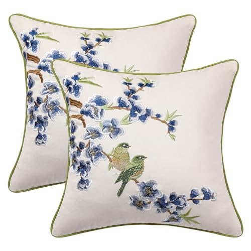 Holibeat Embroidered Flower Birds Throw Pillow Covers Spring Decorative Flower Pillowcases (Whiteblue, 18" x 18" (Pack of 2)) - color: Whiteblue, size: 18" x 18" (Pack of 2)