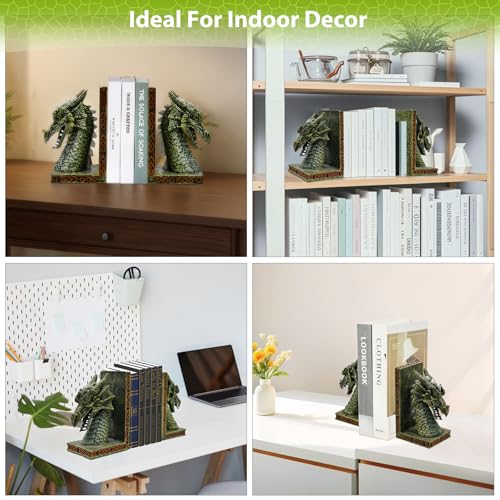 Copper Dragon Bookends for Shelves - 2 Pairs Heavy Book Ends, Objects Home Office Desk Bookshelf Decor - Unique Housewarming Gifts