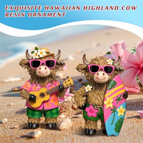 2 Pcs Highland Cow Figurines, Summer Beach Hawaii Decor - style: Hawaii
