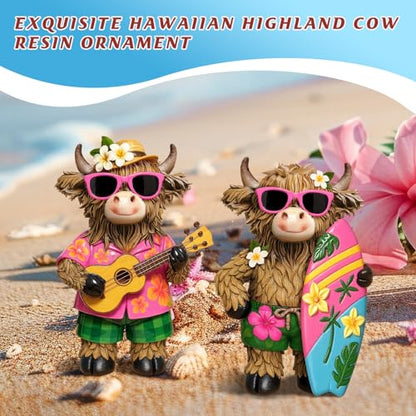 2 Pcs Highland Cow Figurines, Summer Beach Hawaii Decor - style: Hawaii