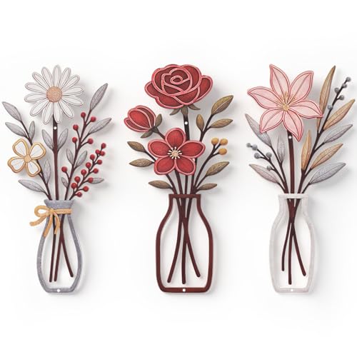 Pelopy 3 Piece Metal Flower Wall Art Rustic Farmhouse Floral Decor for Living Room, Bedroom, Bathroom, Dining Room Boho Modern Minimalist Wall Hanging Sculptures Gifts Decoration