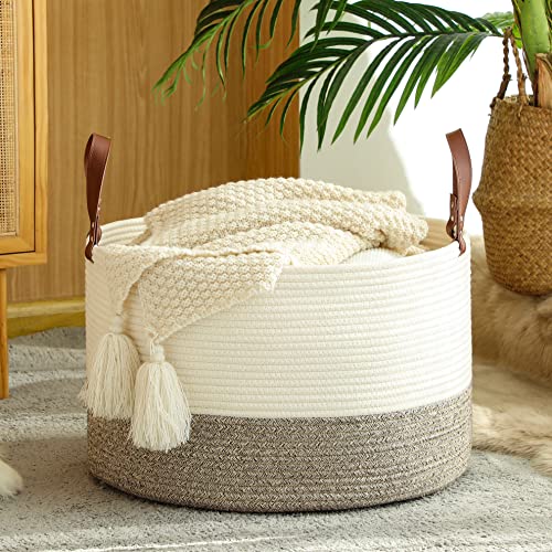 KAKAMAY Large Blanket Basket (20"x13"),Woven Baskets for storage Baby Laundry Hamper,Cotton Rope Blanket Basket for Living Room, Laundry, Nursery, Pillows, Baby Toy chest (White/Beige) - color: Cream and Beige