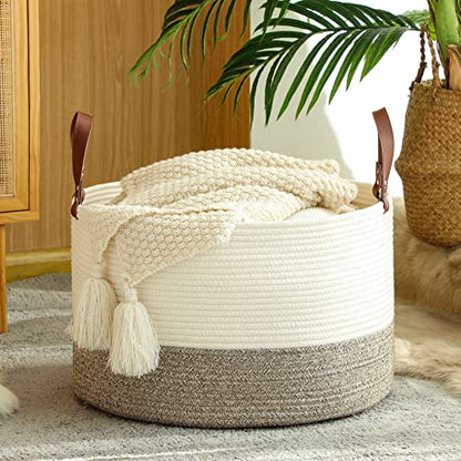 KAKAMAY Large Blanket Basket (20"x13"),Woven Baskets for storage Baby Laundry Hamper,Cotton Rope Blanket Basket for Living Room, Laundry, Nursery, Pillows, Baby Toy chest (White/Beige) - color: Cream and Beige