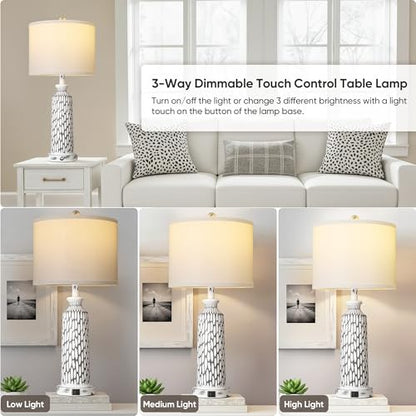 QiMH 26" Table Lamps Set of 2, Modern Bedside Lamps with USB A+C Ports, 3-Way Dimmable Touch Control & White Shade, Coastal White Gray Nightstand Lamp for Living Room Bedroom, Included 2700K LED Bulbs - color: Gray white
