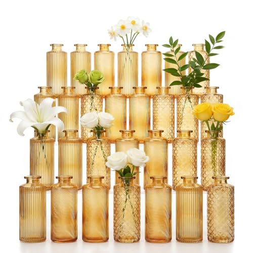 Glass Bud Vases Set of 30, Small Gold Amber Flower Vases Bulk - color: Amber Gold