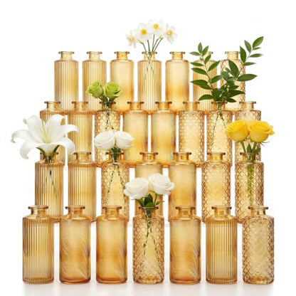 Glass Bud Vases Set of 30, Small Gold Amber Flower Vases Bulk - color: Amber Gold