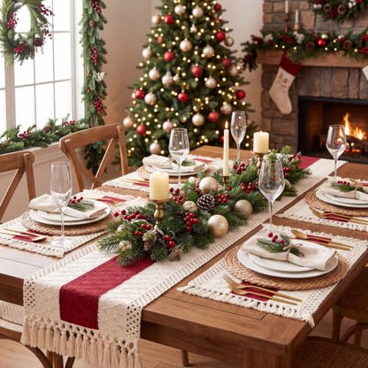 Boho Table Runner and Placemats Set, 6 Sets, Red B, 12x72 - color: Red B, size: 12x72"