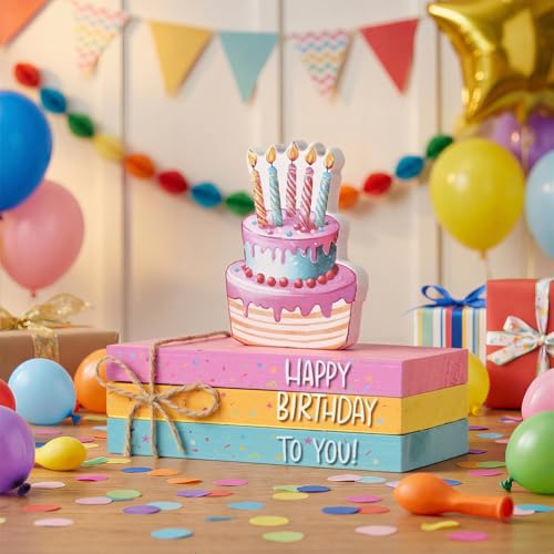 Smile Birthday 나무 장식, 미니 인조 책 번들, 나무 사인 블록 다채로운 생일 축하 계층형 트레이 센터피스, 홈 오피스 농가 책상 선반 벽난로 파티 장식용 소박한 테이블 탑 - style: 생일 케이크