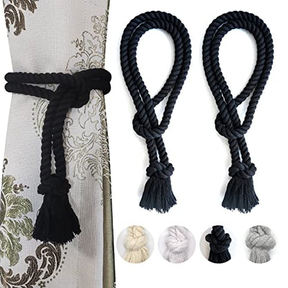2 Pack Curtain tiebacks Rope, Outdoor Curtain Tiebacks, Natural Cotton Curtain Ties, Village Rural Rustic Farmhouse Curtain Holdbacks Curtain tie Backs Holders for Heavy Duty Drapes, Black - color: Black Rope-l 2 Pack