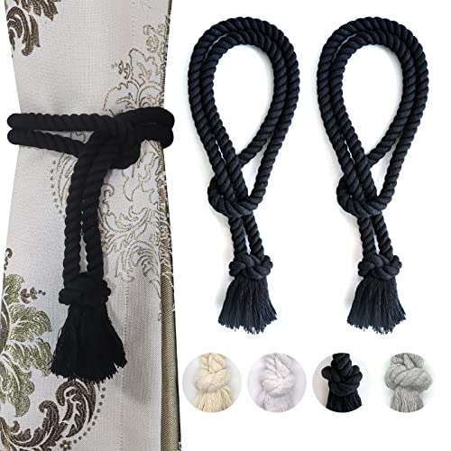 2 Pack Curtain tiebacks Rope, Outdoor Curtain Tiebacks, Natural Cotton Curtain Ties, Village Rural Rustic Farmhouse Curtain Holdbacks Curtain tie Backs Holders for Heavy Duty Drapes, Black - color: Black Rope-l 2 Pack