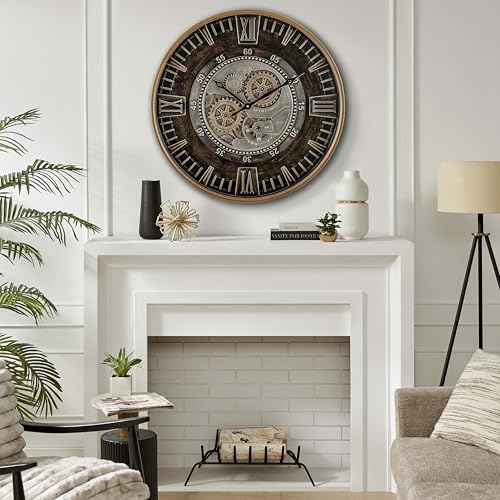 CLXEAST 24 Inch Large Wall Clock with Moving Gears, Antique Gold - color: Antique Brass Gold, size: 24 Inch