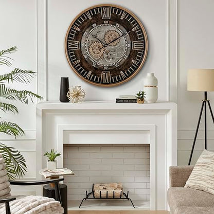 CLXEAST 24 Inch Large Wall Clock with Moving Gears, Antique Gold - color: Antique Brass Gold, size: 24 Inch
