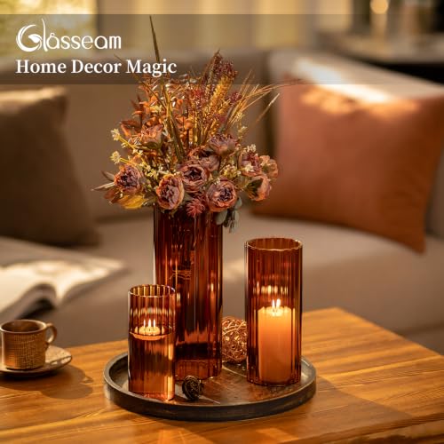 Glasseam Hurricane Glass Candle Holders, 6 Pcs Amber Ribbed Flower Vase Set - color: Amber