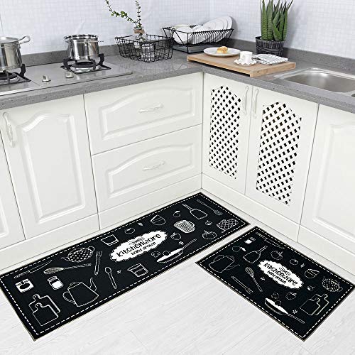 Carvapet 2 piece Washable Low Profile Runner Rug Set Kitchen Mats - color: Black Kitchenware