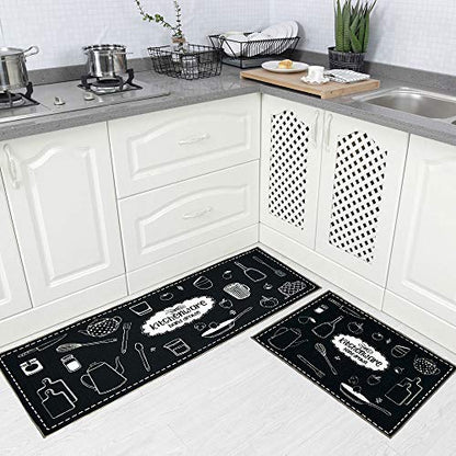Carvapet 2 piece Washable Low Profile Runner Rug Set Kitchen Mats - color: Black Kitchenware