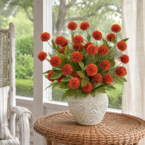 VIERENA 6 Pcs 27" Artificial Fall Pompon Mum Flower Stems for Vase (Orange) - color: Orange