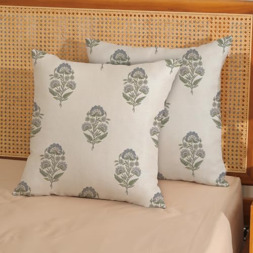 CXMEIFLY Blue Green Vintage Pillow Covers 18 x 18 Inch Set of 2 Boho Blue Floral Block Print Outdoor Decor Throw Pillows Neutral Flower Linen Farmhouse Decorative Pillowcases for Couch Bed Sofa - color: Blue Green Floral, size: 18" x 18" (Pack of 2)