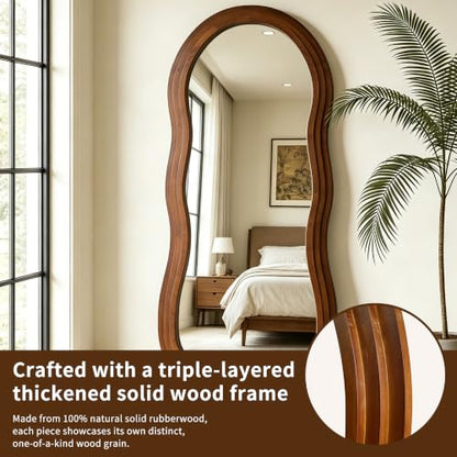 67"x31.5" Wavy Full Length Mirror with 3-Layer Solid Wood Frame - color: Walnut Wavy Frame, size: 67"L x 31.5"W