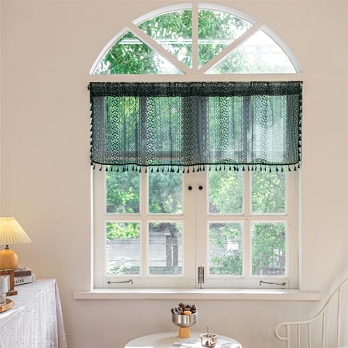Deeprove Boho Curtain Valance 18 Inch Length for Kitchen Cafe, Short Bohemian Sheer Lace Crochet Curtain Knitting Handmade Tassels for Dinning Room, Vintage Chic Decor W59 x L18, 1 Panel Emerald Green - color: Emerald Green, size: 59"W x 18"L (Pack of 1)