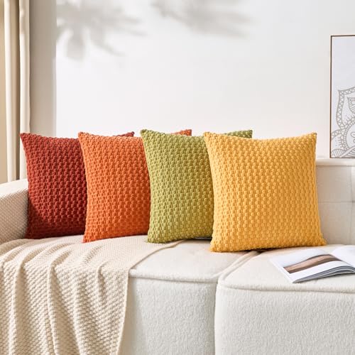 Kevin Textile Throw Pillow Covers Pack of 4 Super Soft Boho Corduroy Decor Pillow Cases Mix and Match Colors Plush Texture Accent Pillows for Sofa Couch Living Room Chair 18x18 Inch, Yellow/Green - color: A-yellow Green, size: 18" x 18" (Pack of 4)