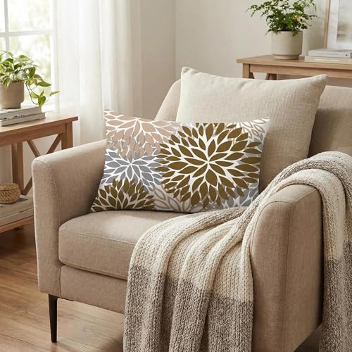 COMMINY Brown Grey Lumbar Pillow Covers 12x20 Set of 6 Floral Pillow Covers - color: Grey Brown, size: 20" x 12" (Pack of 6)