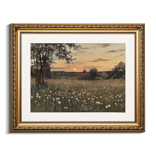 VIYYIEA Gold Framed Meadow Landscape Wall Art Canvas Painting, 13×16 Inch - color: Sunset Meadow Landscape, size: 16"L x 13"W
