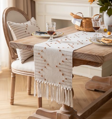 Caflife Brown Beige Cotton Linen Rustic Boho Table Runner 13x108 Inch Long - color: Brown Beige, size: 13x108Inch