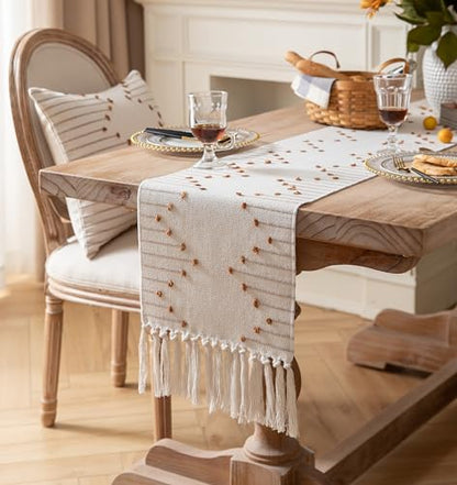 Caflife Brown Beige Cotton Linen Rustic Boho Table Runner 13 x 72 Inch Long - color: Brown Beige, size: 13x72Inch