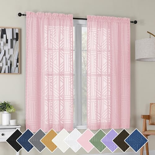 Simplebrand Blush Semi Sheer Curtains 45 Inch Length 2 Panels, Geometric Jacquard Clip Textured Short Sheer Curtains for Bedroom，Modern Elegant Window Curtains Drapes/Treatment Sheer，42x45 inch - color: Blush, size: 42"W x 45"L (Pack of 2)