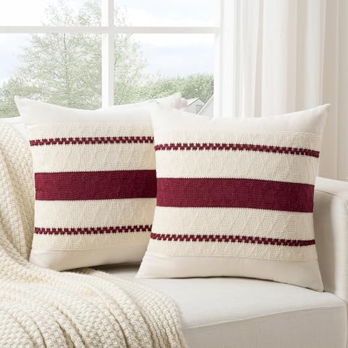 Fancy Homi Set of 2 Burgundy Boho Decorative Throw Pillow Covers 16x16 Inch for Couch Bed Sofa, Aesthetic Modern Farmhouse Christmas Room Decor, Soft Cotton Cute Textured Wind Red Cushion Case - color: Burgundy, size: 16" x 16" (Pack of 2)
