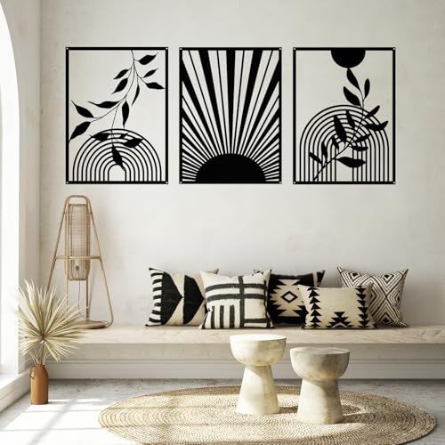 YIYA 3 Pieces Black Metal Wall Decor Black Modern Geometric Wall Decor Hanging Minimalist Line Wall Art for Bedroom Living Room Bathroom Balcony Gallery - style: Round and Leaf