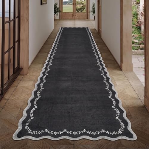 GarveeHome 2.5x10 Scalloped Washable Runner Rug Long Hallway Kitchen Rug - color: Black, size: 2'6" x 10' (Rectangular)