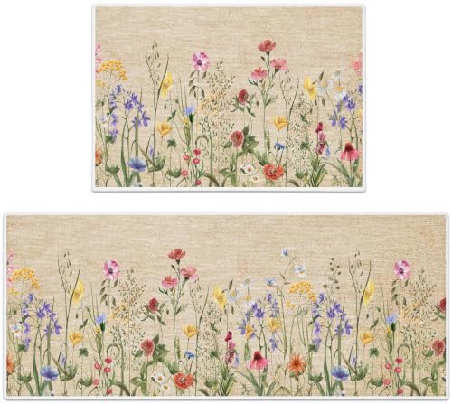 Farmhouse Wildflower Kitchen Rugs Mats for Floor Set of 2, Polyester - color: Floral, size: 59''Lx23.5''W+35.5''Lx23.5''W-0.12''H