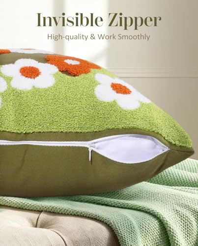 Embroidered Throw Pillow Cover, 18x18 Inch, Green Daisy - color: Green-flowers, size: 18" x 18" (Pack of 1)