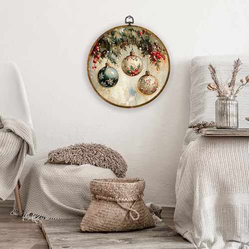 XPH Vintage Christmas Bauble Ball Round Wall Art Framed, Rustic Christmas Circle Wall Decor, Retro Farmhouse Xmas Cozy Winter Hanging Canvas Prints for Home Bedroom Living Room Decoration, 10x10 Inch - color: Christmas 07