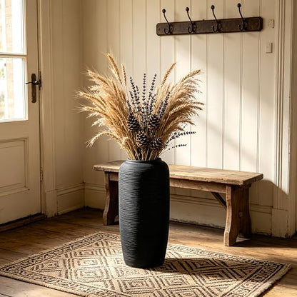 Black Rustic Ceramic Floor Vase, 15.7 Inch, Ribbed Texture - size: 15.7 Inch