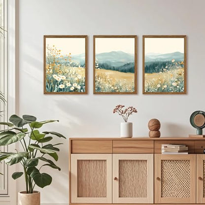 AVECCO 3 Pieces Wildflower Meadow Mountain Framed Canvas Wall Art 12x16 in - color: Mountain flowers, size: 16"L x 12"W