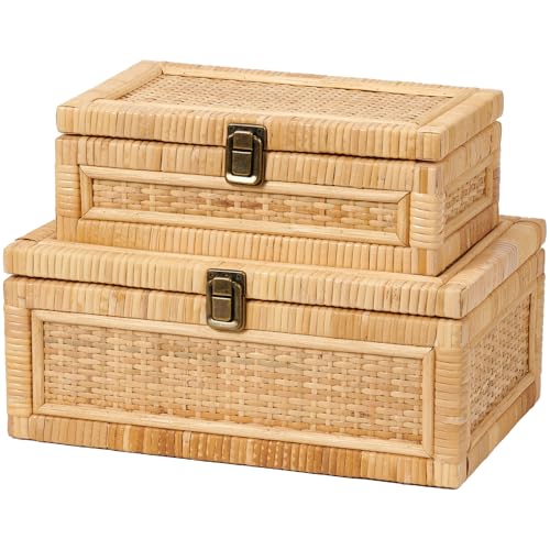 2PCS Rattan Box with Lid Decorative Natural Handmade Boho Basket - color: Natural, size: Set of 2 (1 Large 1 Small)