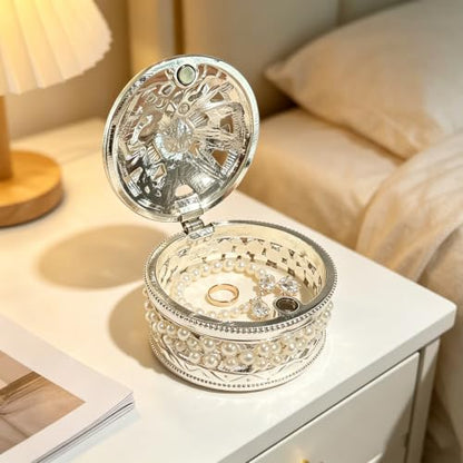 Metal Enamel Pearl Bow Jewelry Box Mini Trinket Storage Gift for Jewelry - color: Round