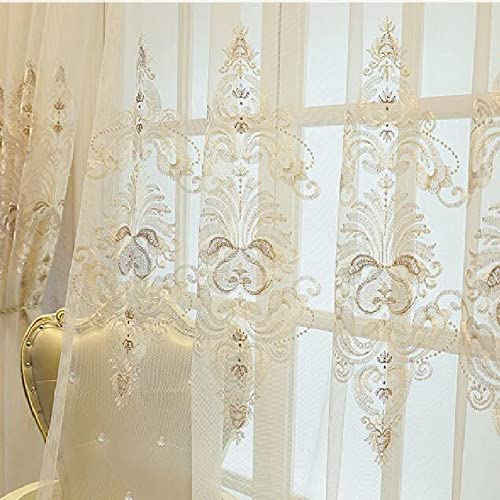 Amidoudou 1 Pair European Jacquard Sheer Curtains Embroidered Tulle Curtains Living Room Bedroom Luxury Translucent Curtains (Beige,51x96 Inch) - color: Beige, size: 51"W x 96"L (Pack of 2)