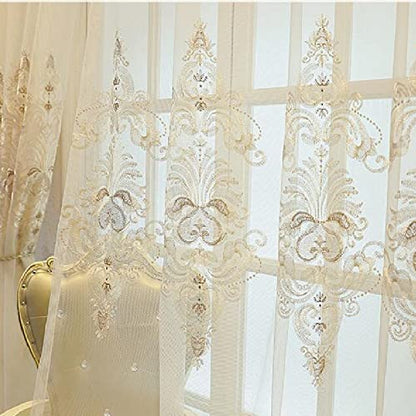 Amidoudou 1 Pair European Jacquard Sheer Curtains Embroidered Tulle Curtains Living Room Bedroom Luxury Translucent Curtains (Beige,51x96 Inch) - color: Beige, size: 51"W x 96"L (Pack of 2)