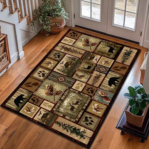 Cabin Bear Rustic Rug 3x5,Deer Country Wildlife Area Carpet - size: 3'x5'