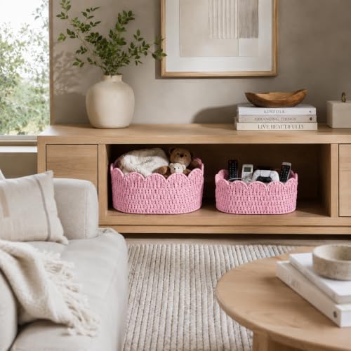 Endymion Set of 2 Paper Rope Scalloped Basket, Wicker Storage Baskets Pink - color: Pink