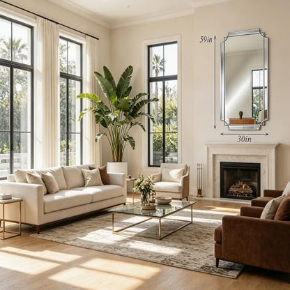 59"x30" Large Geometric Beveled Mirror with Silver Wood Frame - color: Silver, size: 59"L x 30"W
