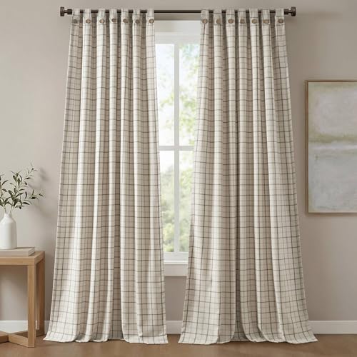 Madison Park Plaid Curtain, Fleece Lining,1 Panel, 50x84 Natural Front Tab - color: Rod Pocket & Front Tab With Button, Natural, size: 50"W x 84"L (Pack of 1)