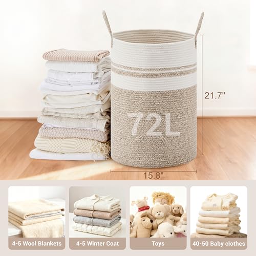 72L Large Tall Cotton Rope Laundry Basket with Handles, White & Brown - color: Brown & White, size: 72L