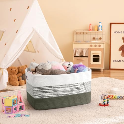 OIAHOMY Blanket Basket Laundry Basket Dog Toy Basket 75L Green/White - color: Green/White, size: 22”x17”x12”