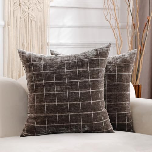HPUK Checkered Throw Pillow Covers 18x18 Inch, Soft Cut Velvet, Set of 2 - color: Chenil Check-brown