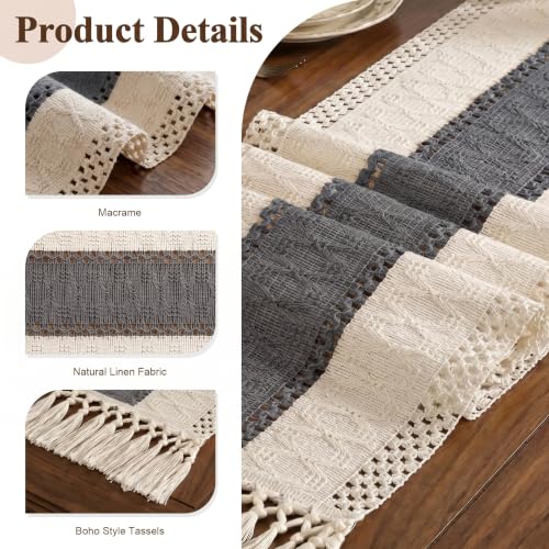 Boho Macrame Table Runner with Tassels 72in Grey Farmhouse Runner - color: White & Grey, size: 12'' x 72''